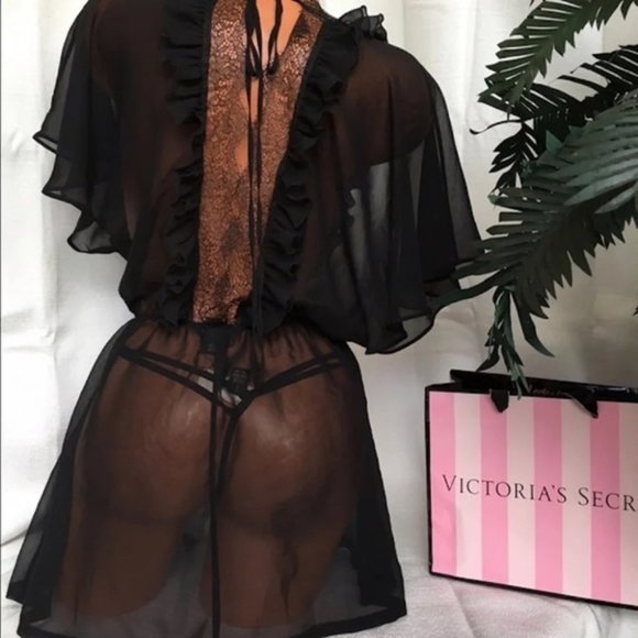 Victoria's Secret SHORT ROBE kimono Top Sheer lace mesh M/L - Picture 5 of 5